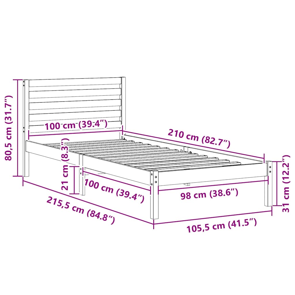 Rám Postele S Čelo Bílá 100 X 210 Cm Masivní Borové Dřevo