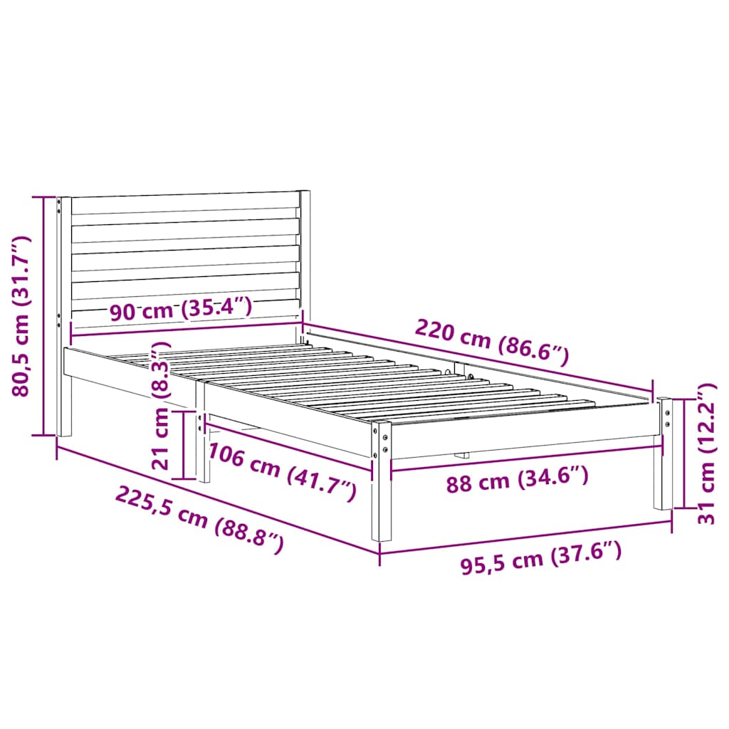 Rám Postele S Čelo Bílá 90 X 220 Cm Masivní Borové Dřevo