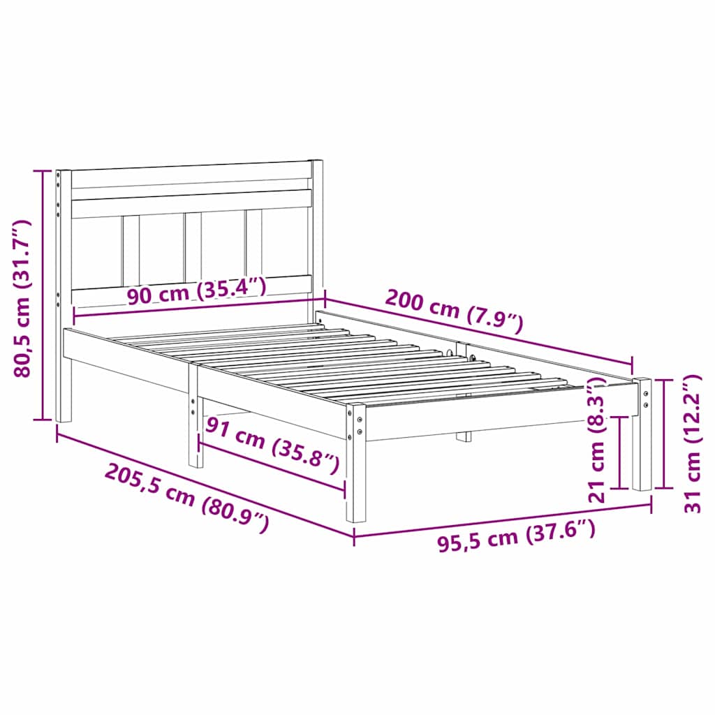 Rám Postele Bílá 90 X 200 Cm Masivní Borové Dřevo