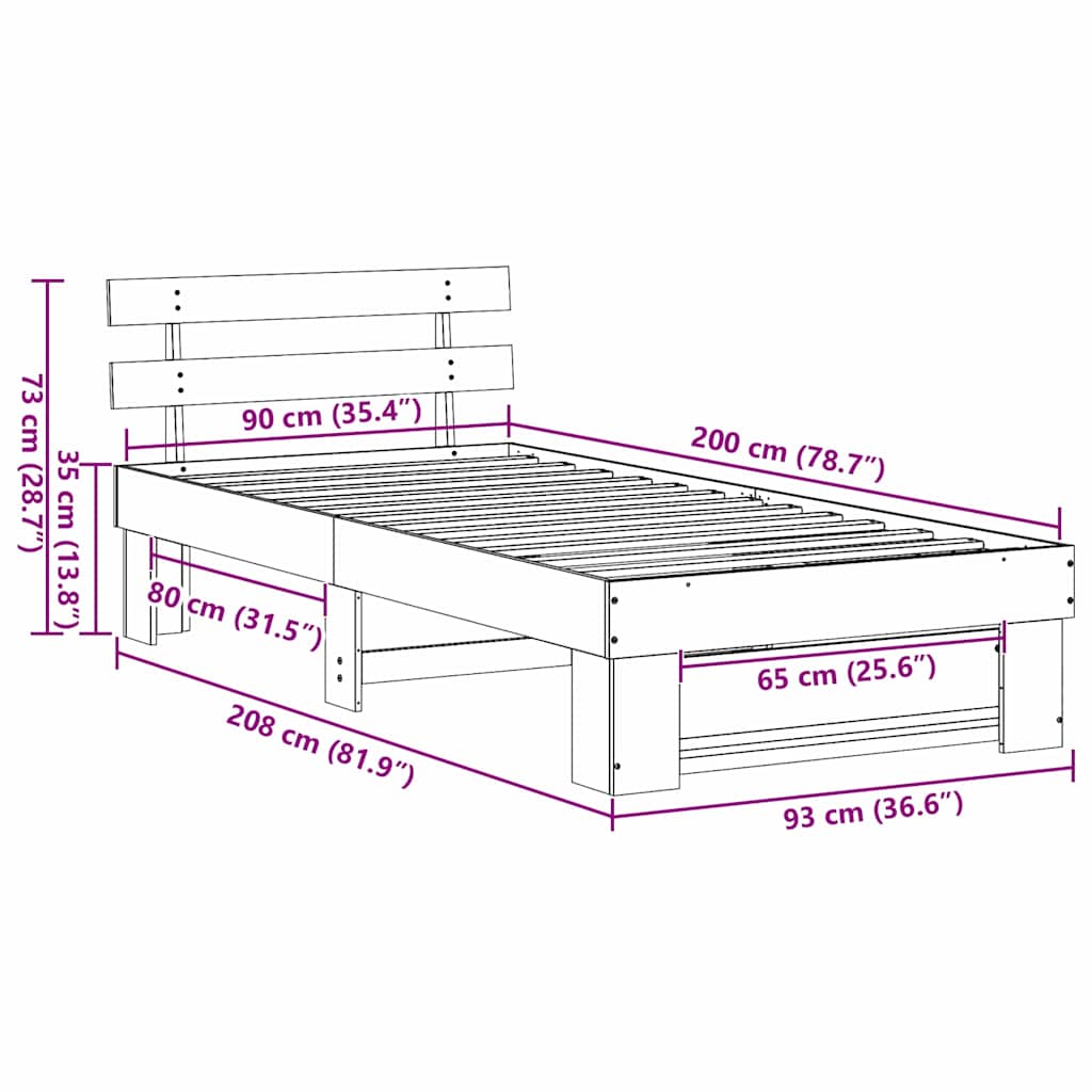 Rám Postele S Čelo Hnědá 90 X 200 Cm Masivní Borové Dřevo
