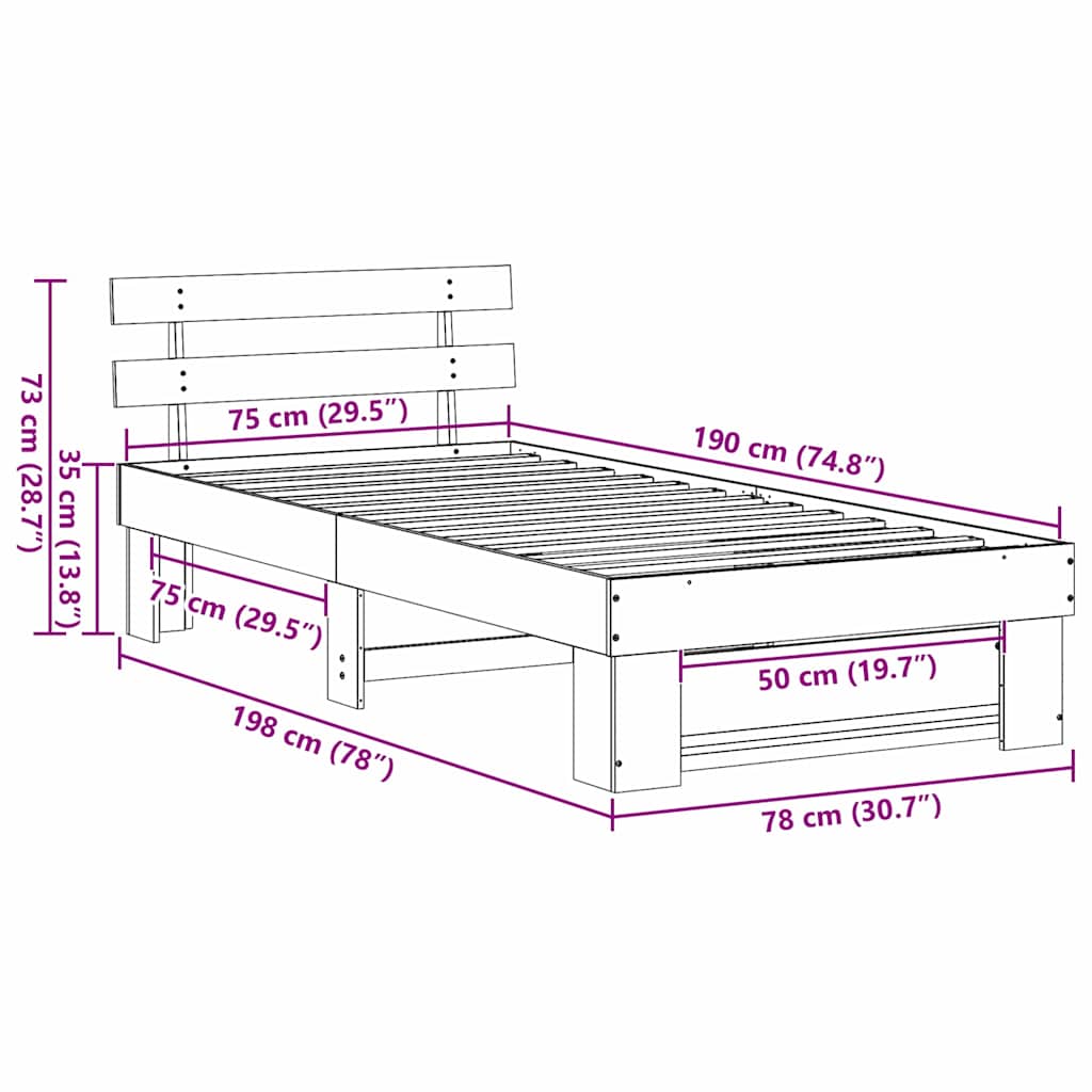 Rám Postele S Čelo Bílá 75 X 190 Cm Masivní Borové Dřevo