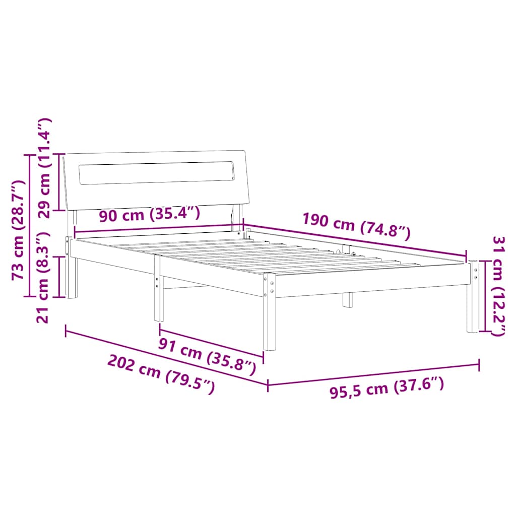 Rám Postele S Čelo Bílá 90 X 190 Cm Masivní Borové Dřevo