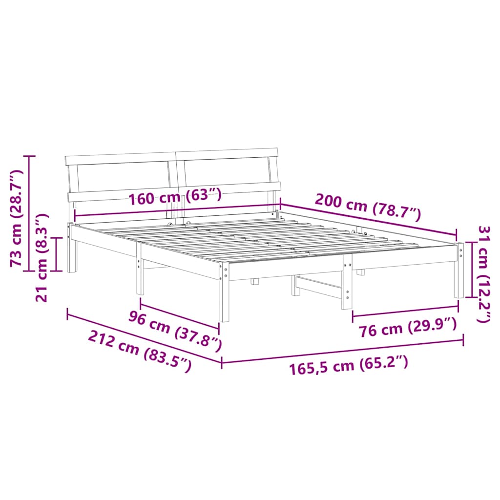 Rám Postele S Čelo Bílá 160 X 200 Cm Masivní Borové Dřevo