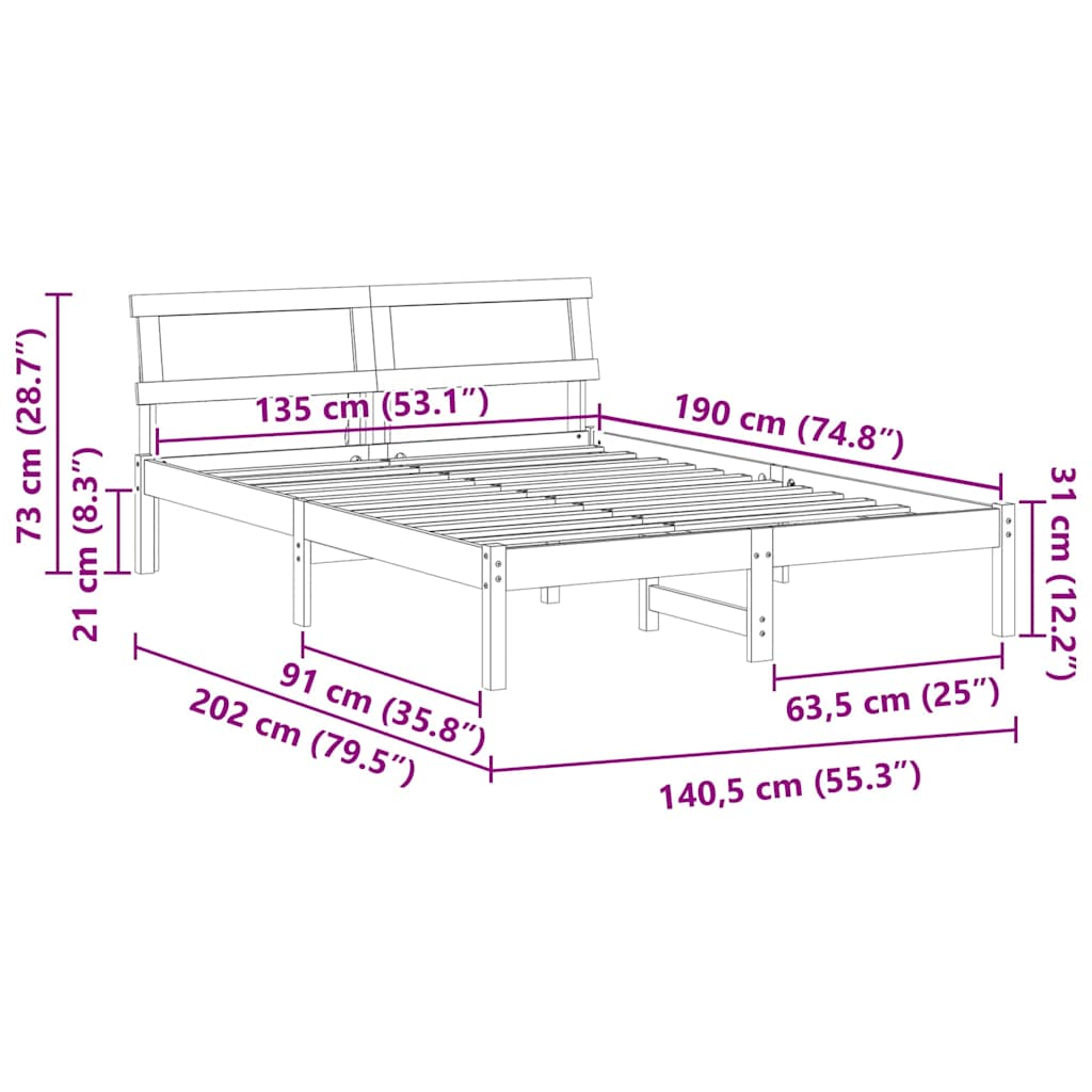 Rám Postele S Čelo Hnědá 135 X 190 Cm Masivní Borové Dřevo