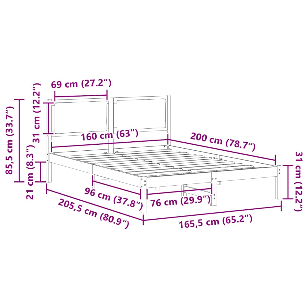 Rám Postele S Čelo Černá 160 X 200 Cm Masivní Borové Dřevo
