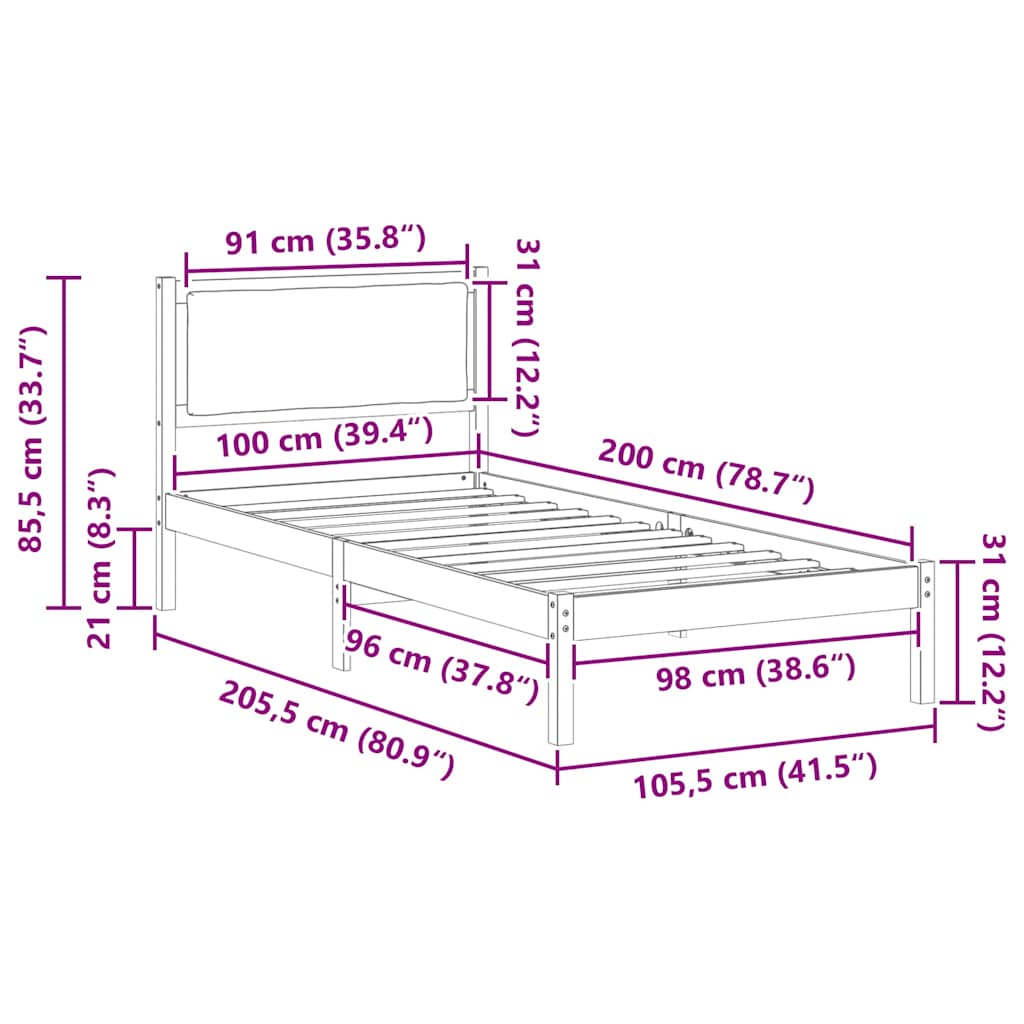 Rám Postele S Čelo Tmavě Šedá 100 X 200 Cm Masivní Borové Dřevo