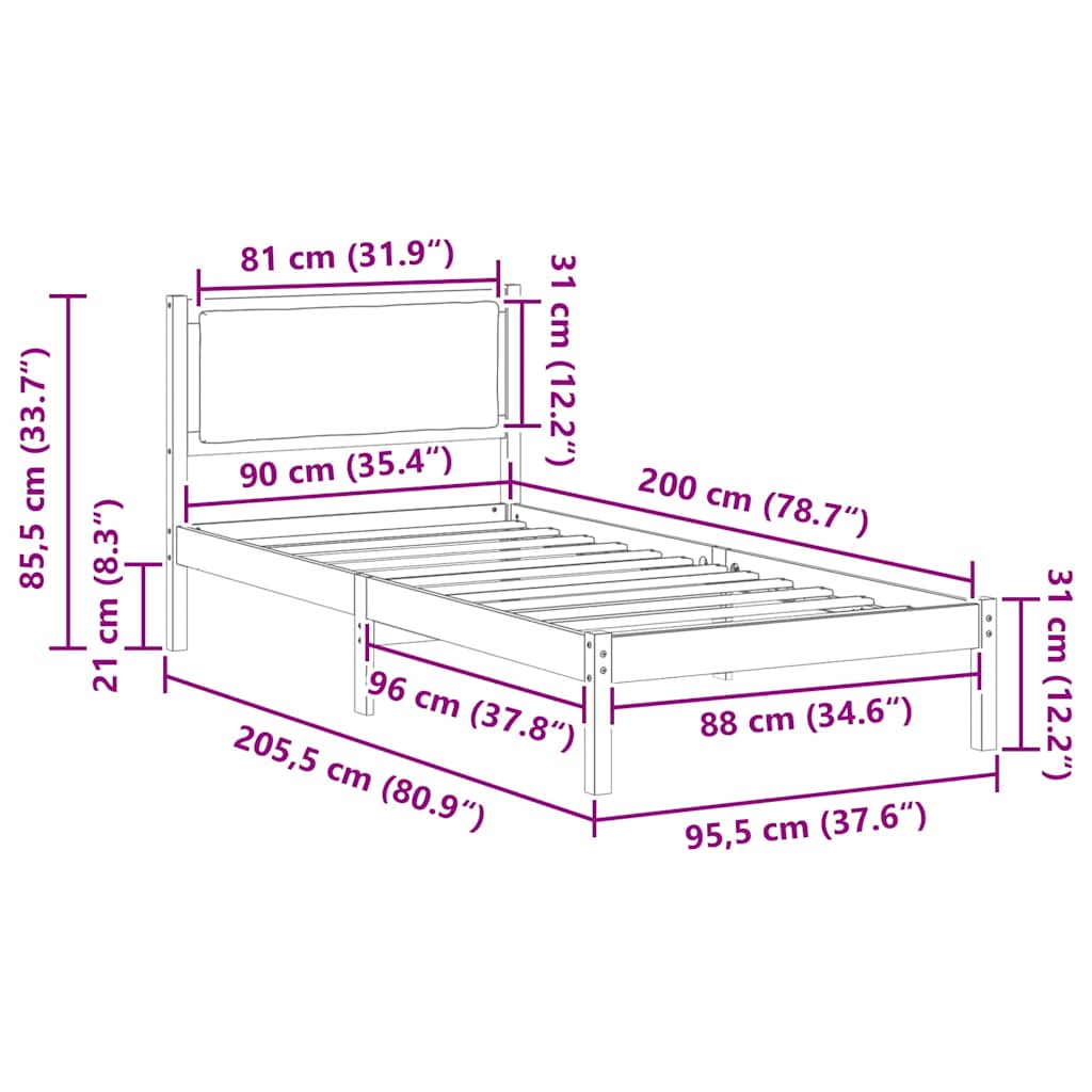Rám Postele S Čelo Taupe 90 X 200 Cm Masivní Borové Dřevo