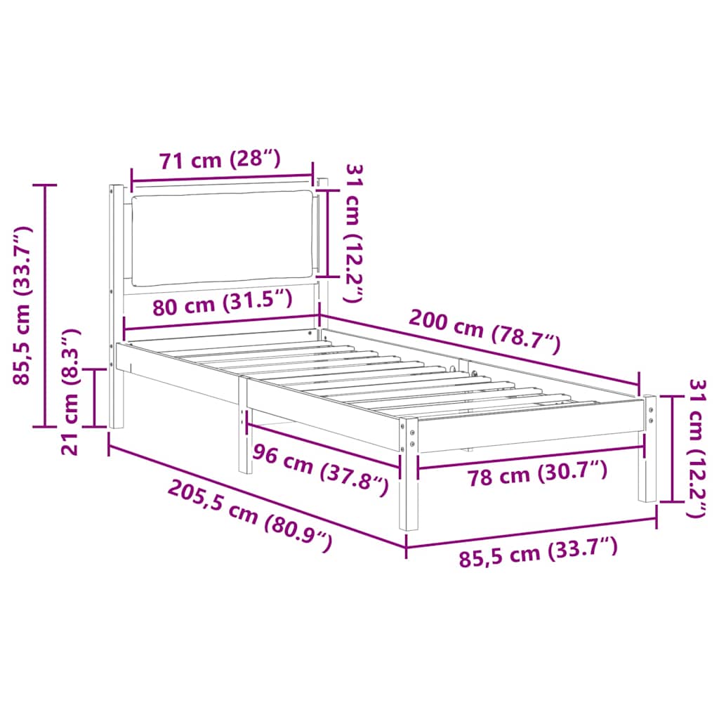 Rám Postele S Čelo Tmavě Šedá 80 X 200 Cm Masivní Borové Dřevo