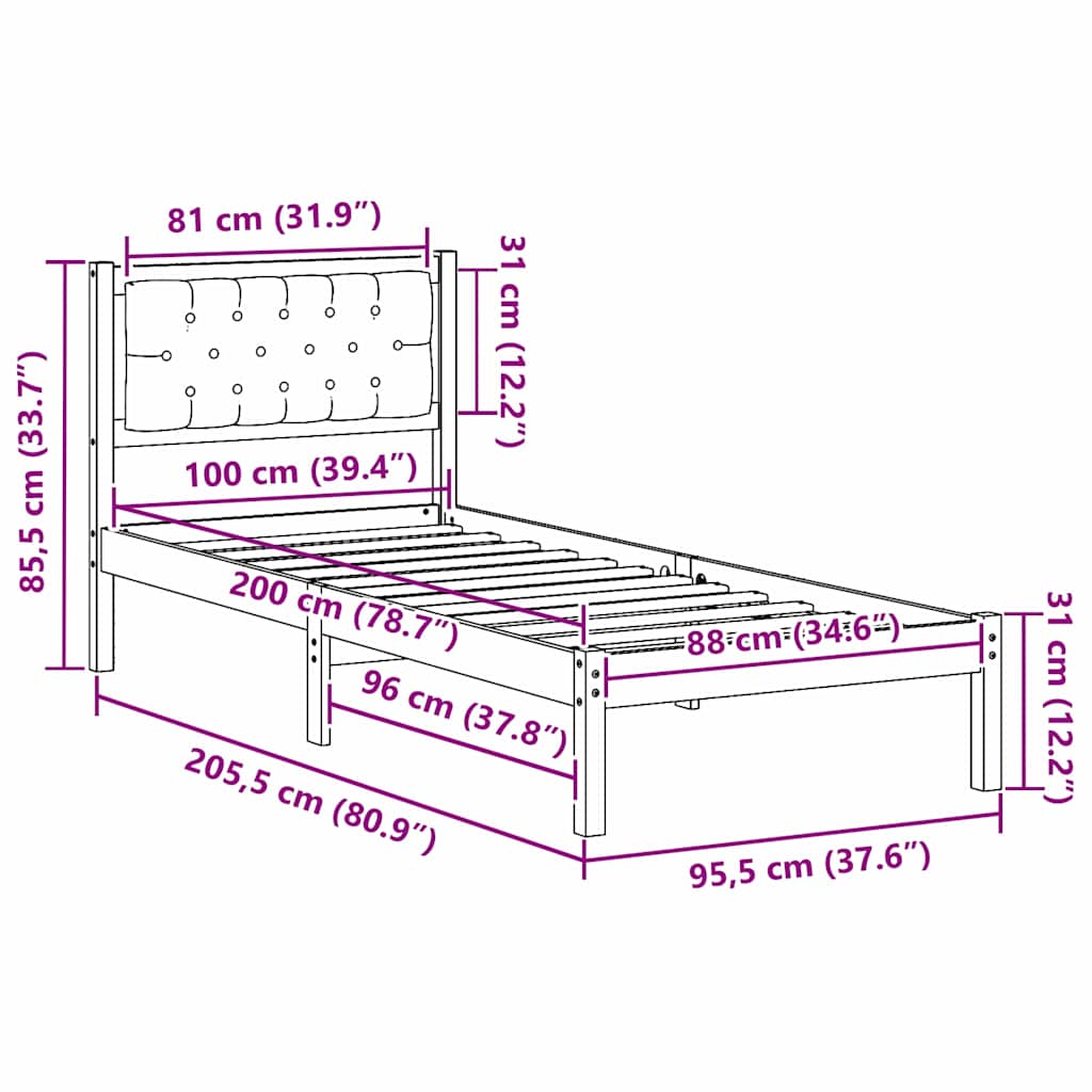 Rám Postele S Čelo Tmavě Šedá 100 X 200 Cm Masivní Borové Dřevo