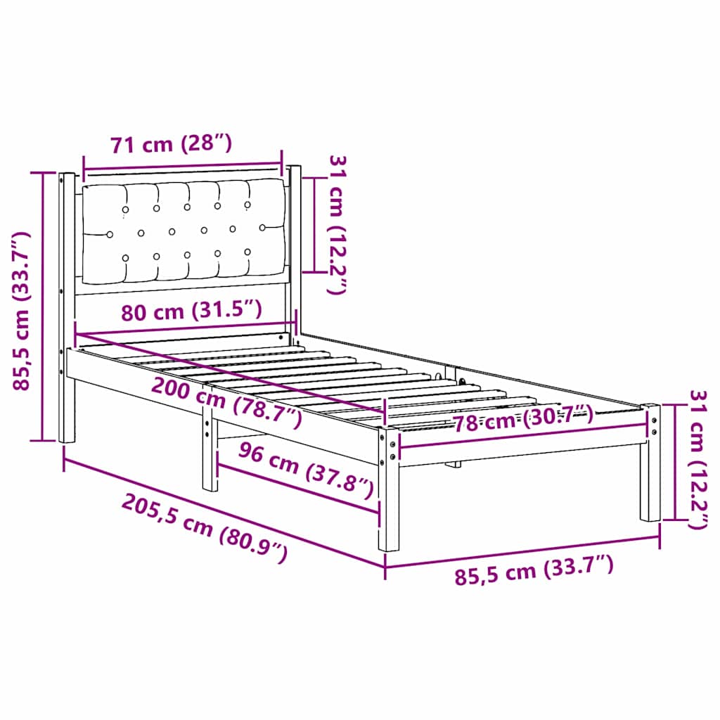 Rám Postele S Čelo Černá 80 X 200 Cm Masivní Borové Dřevo