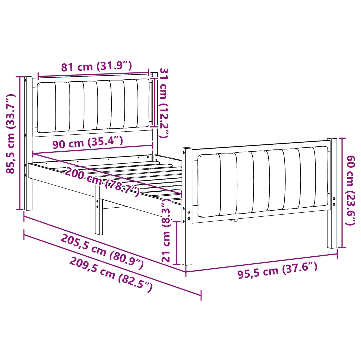 Rám Postele S Čelo Hnědá A Tmavě Šedá 90 X 200 Cm