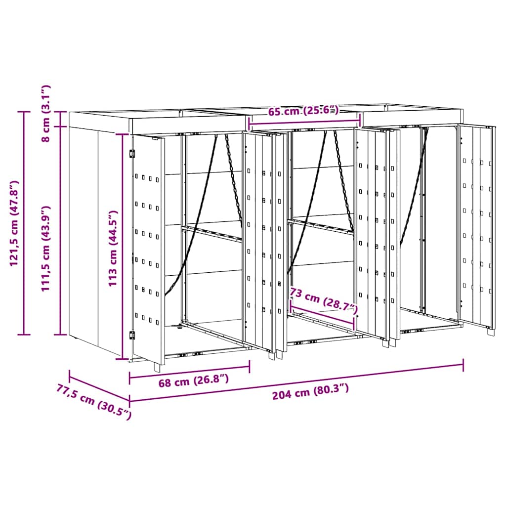 Úložný Box Na 3 Popelnice Světle Šedá 204 X 77,5 X 121,5 Cm