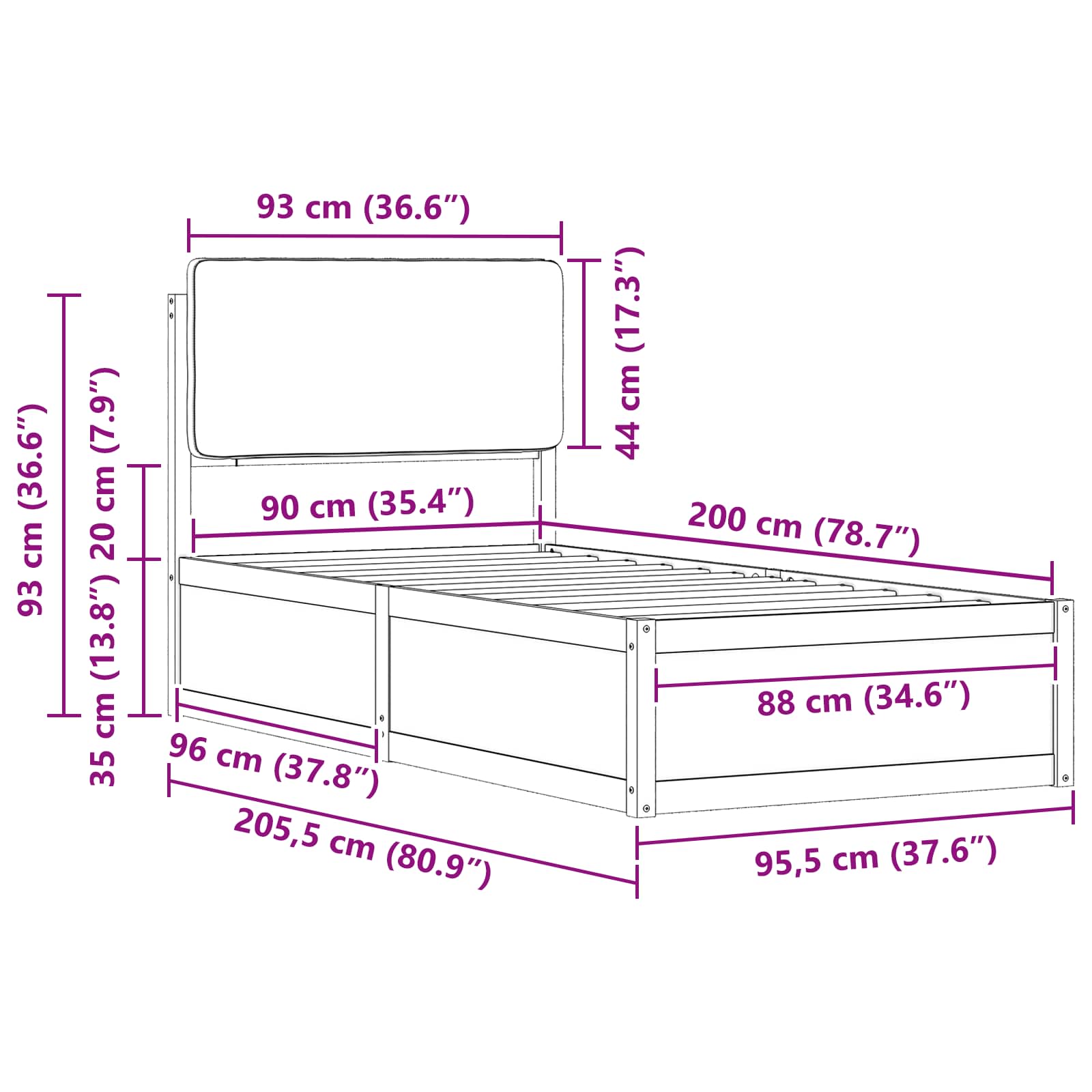 Rám Postele S Čalouněným Čelem S Čelo Černá 90 X 200 Cm