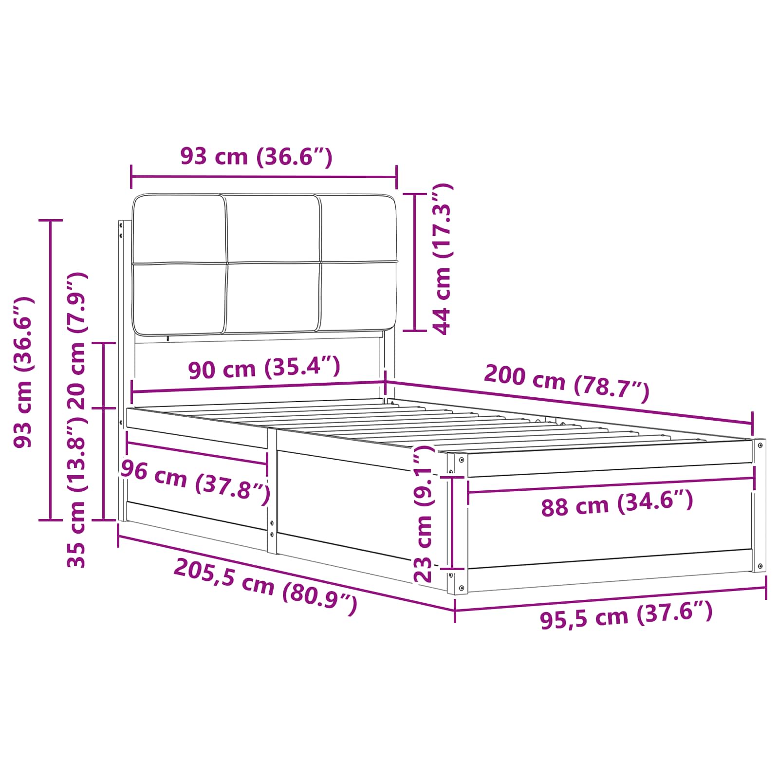 Rám Postele S Čalouněným Čelem S Čelo Tmavě Šedá 90 X 200 Cm