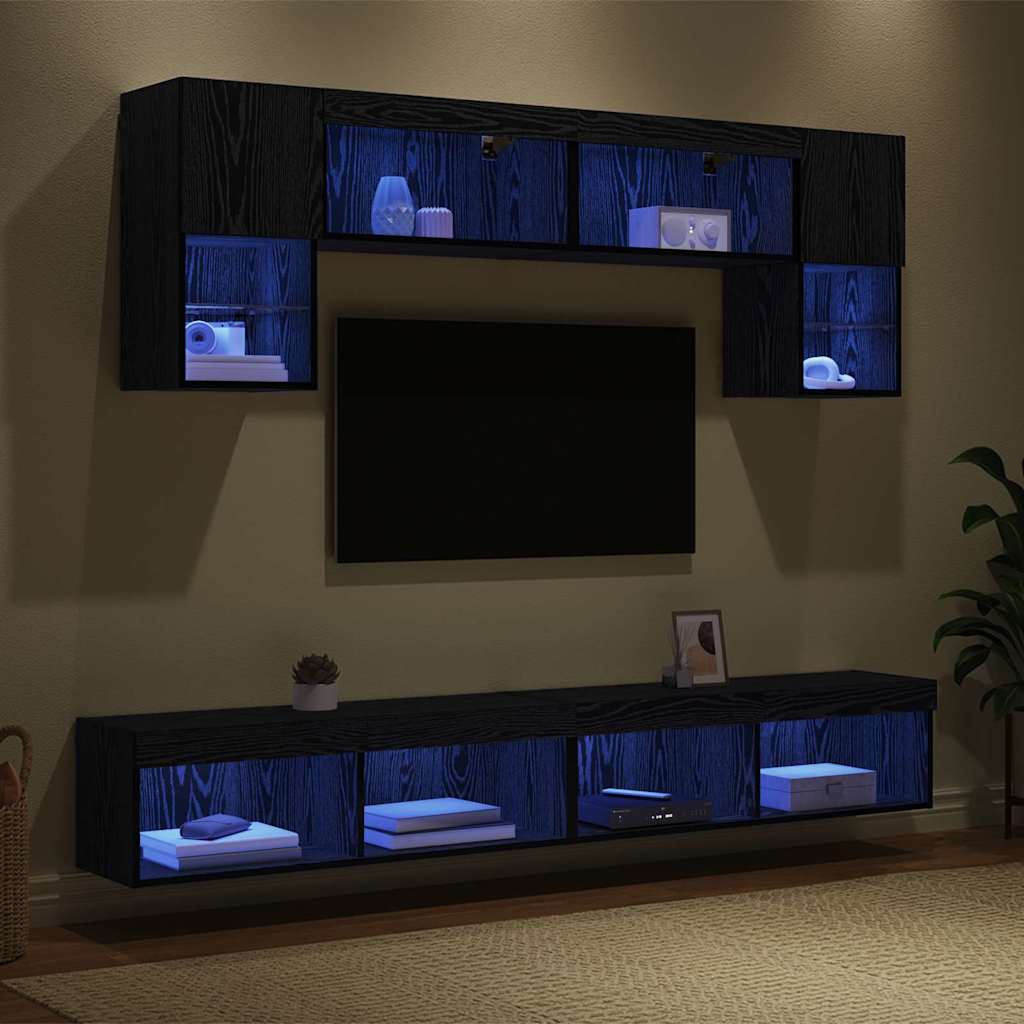 Tv Nástěnné Jednotky S Led 6 Ks Černý Dub Kompozitní Dřevo