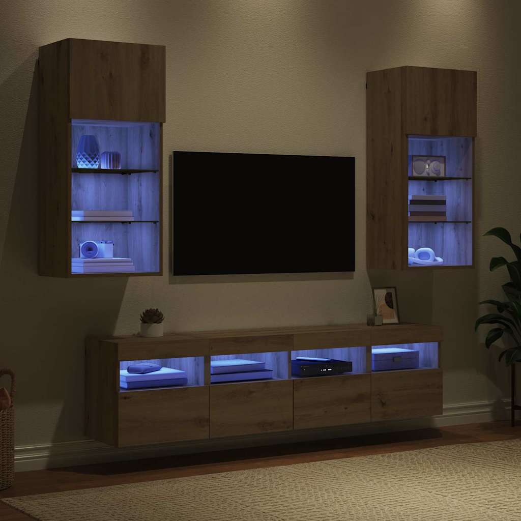 Tv Nástěnné Jednotky S Led 5 Ks Artisanový Dub Kompozitní Dřevo