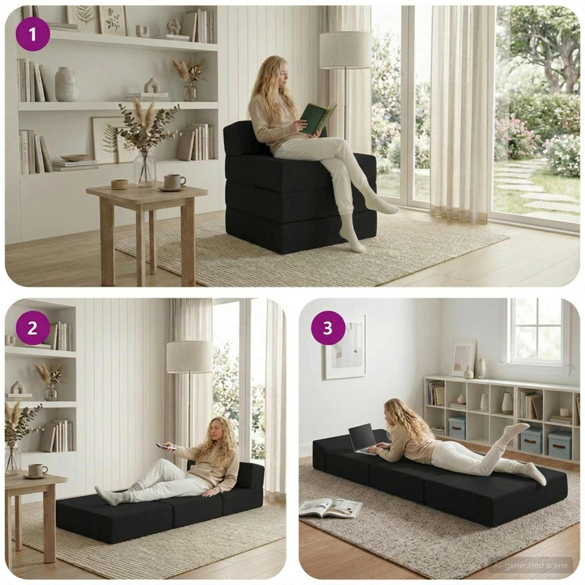 Skládací Pohovka Postel Černá 200 X 70 X 15 Cm Textil