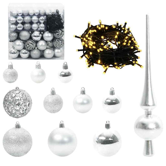 Sada Vánočních Ozdob 120 Ks Stříbrná Ø 6 Cm Plast 300 Led Diod