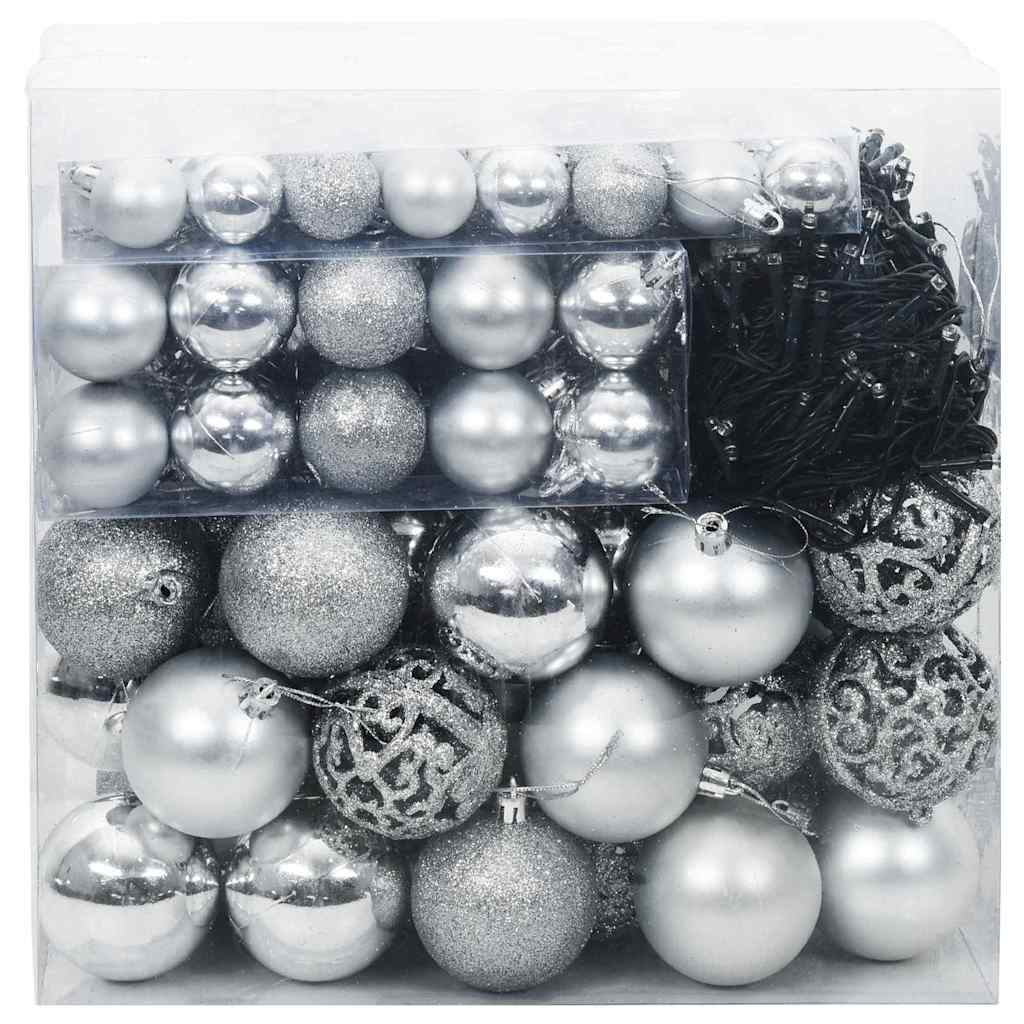 Sada Vánočních Ozdob 120 Ks Stříbrná Ø 6 Cm Plast 300 Led Diod