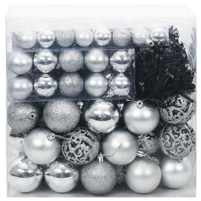 Sada Vánočních Ozdob 120 Ks Stříbrná Ø 6 Cm Plast 300 Led Diod
