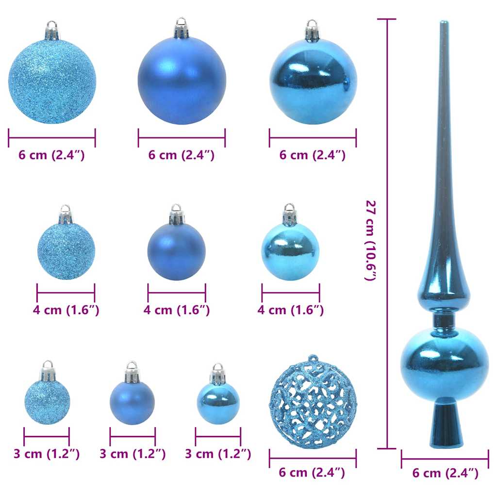 Sada Vánočních Ozdob 61 Ks Modrá Ø 6 Cm Plast 150 Led Diod