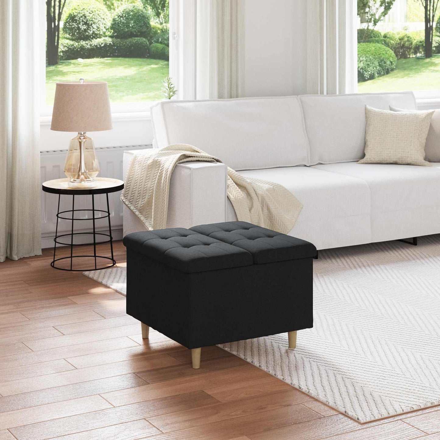 Úložný Taburet S Polštářem Černý 60 X 60 X 45 Cm Textil