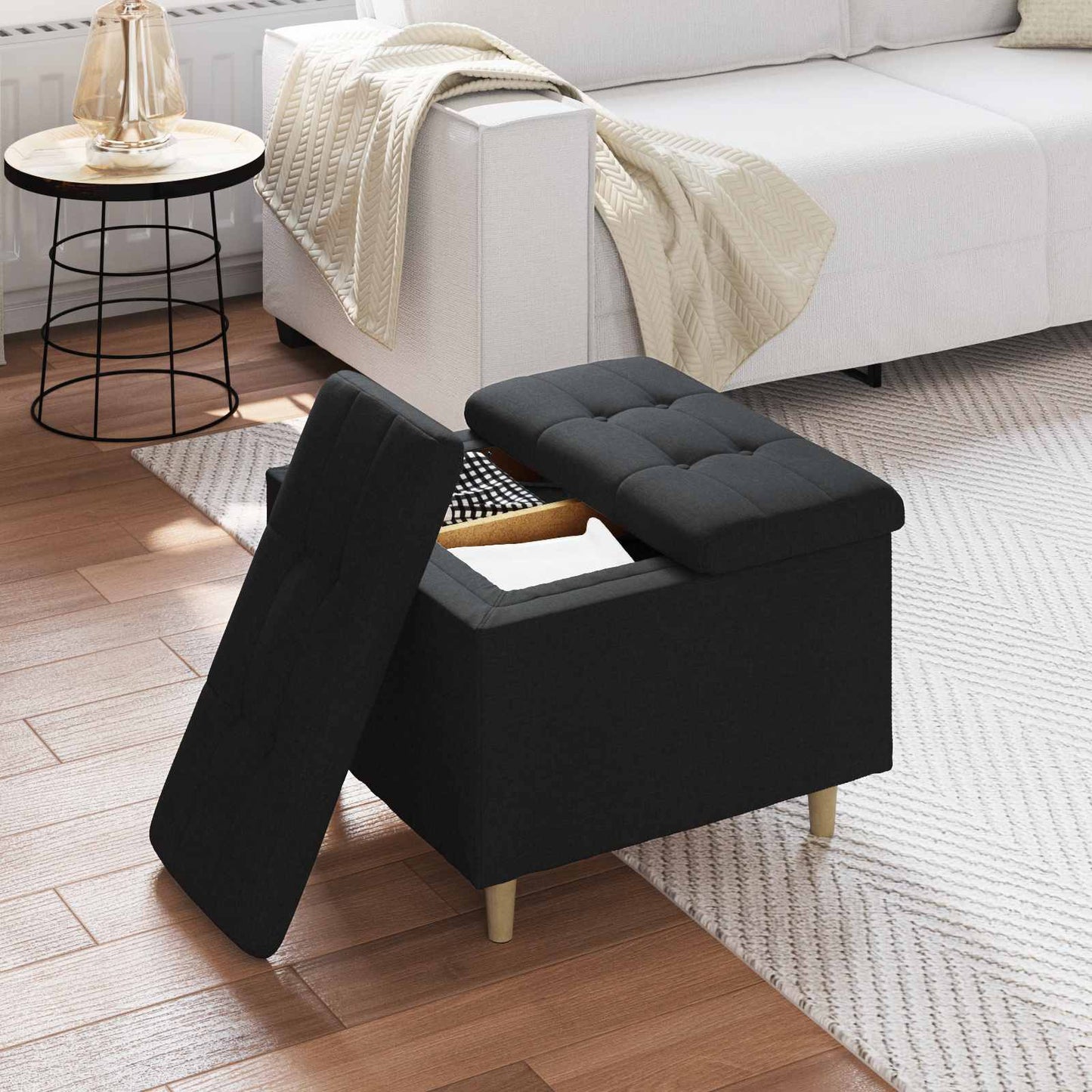 Úložný Taburet S Polštářem Černý 60 X 60 X 45 Cm Textil
