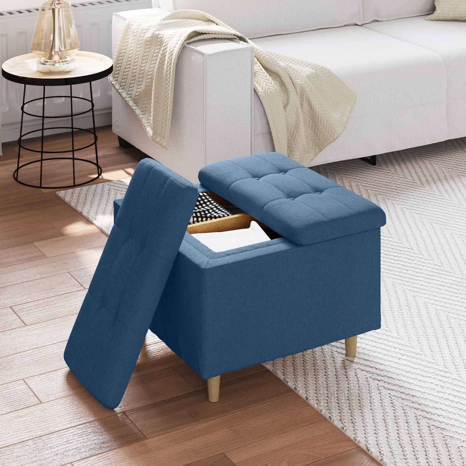 Úložný Taburet S Polštářem Modrá 60 X 60 X 45 Cm Textil