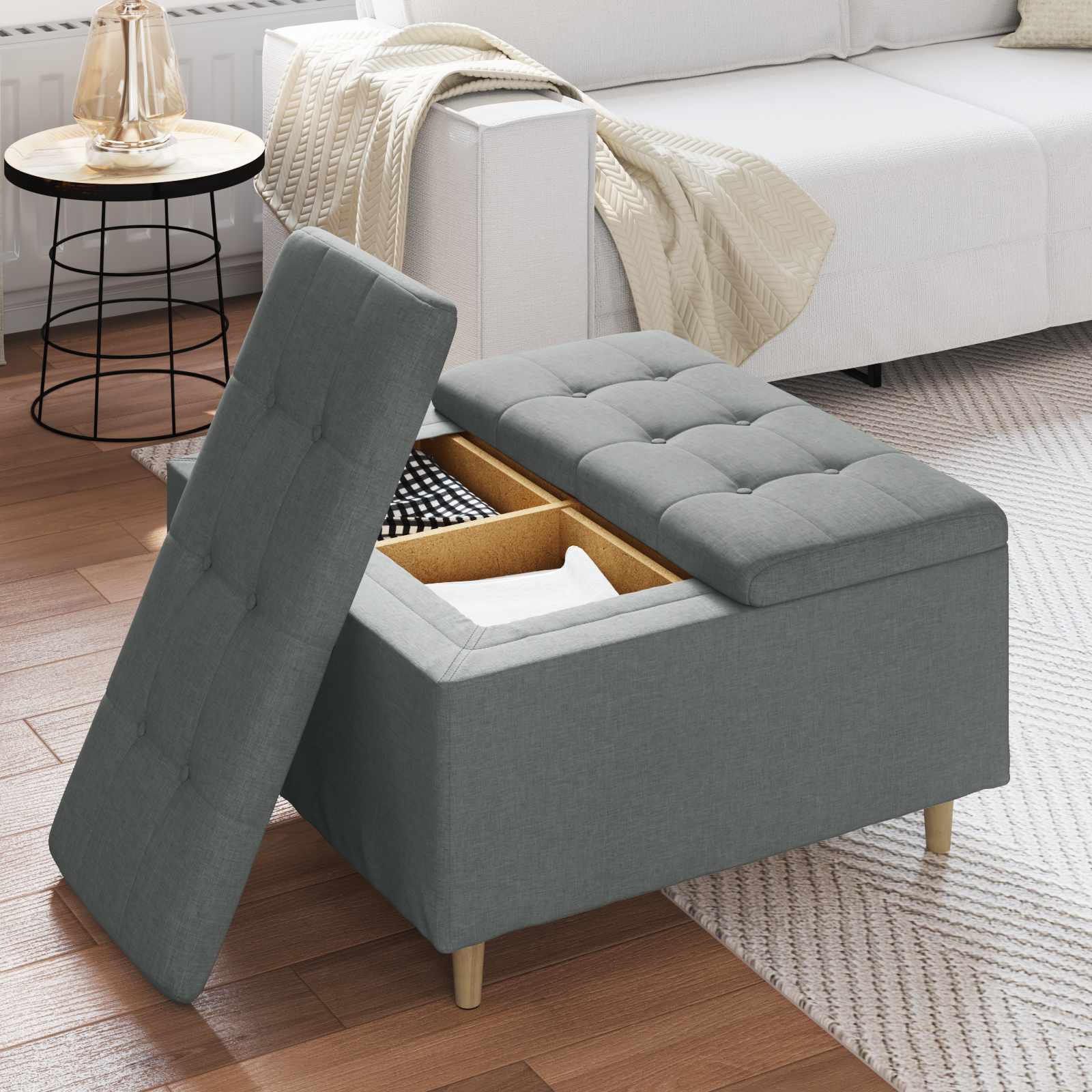 Úložný Taburet S Polštářem Tmavě Šedá 80 X 80 X 45 Cm Textil