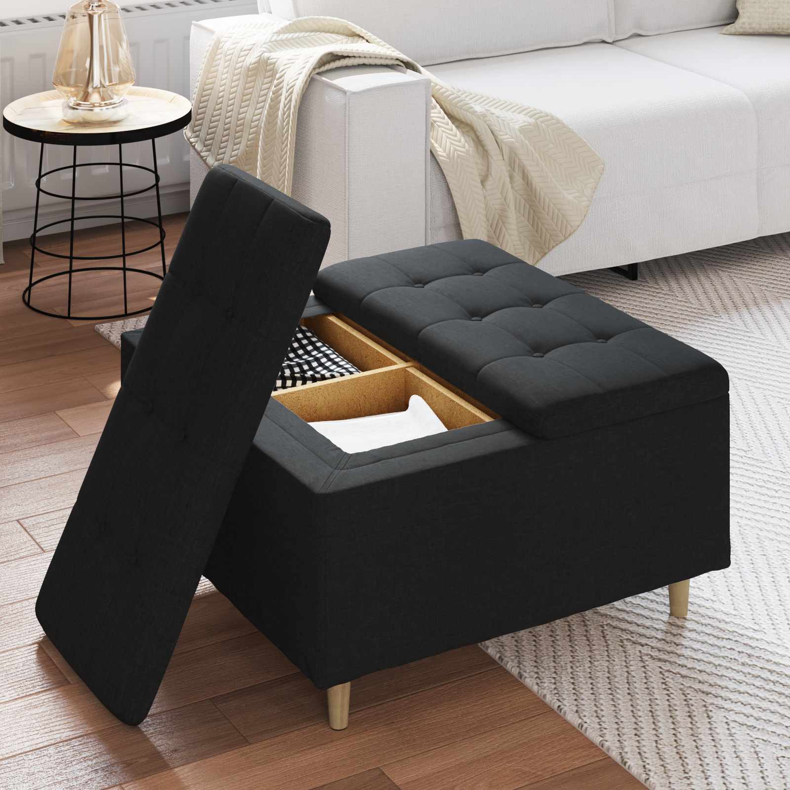 Úložný Taburet S Polštářem Černý 80 X 80 X 45 Cm Textil