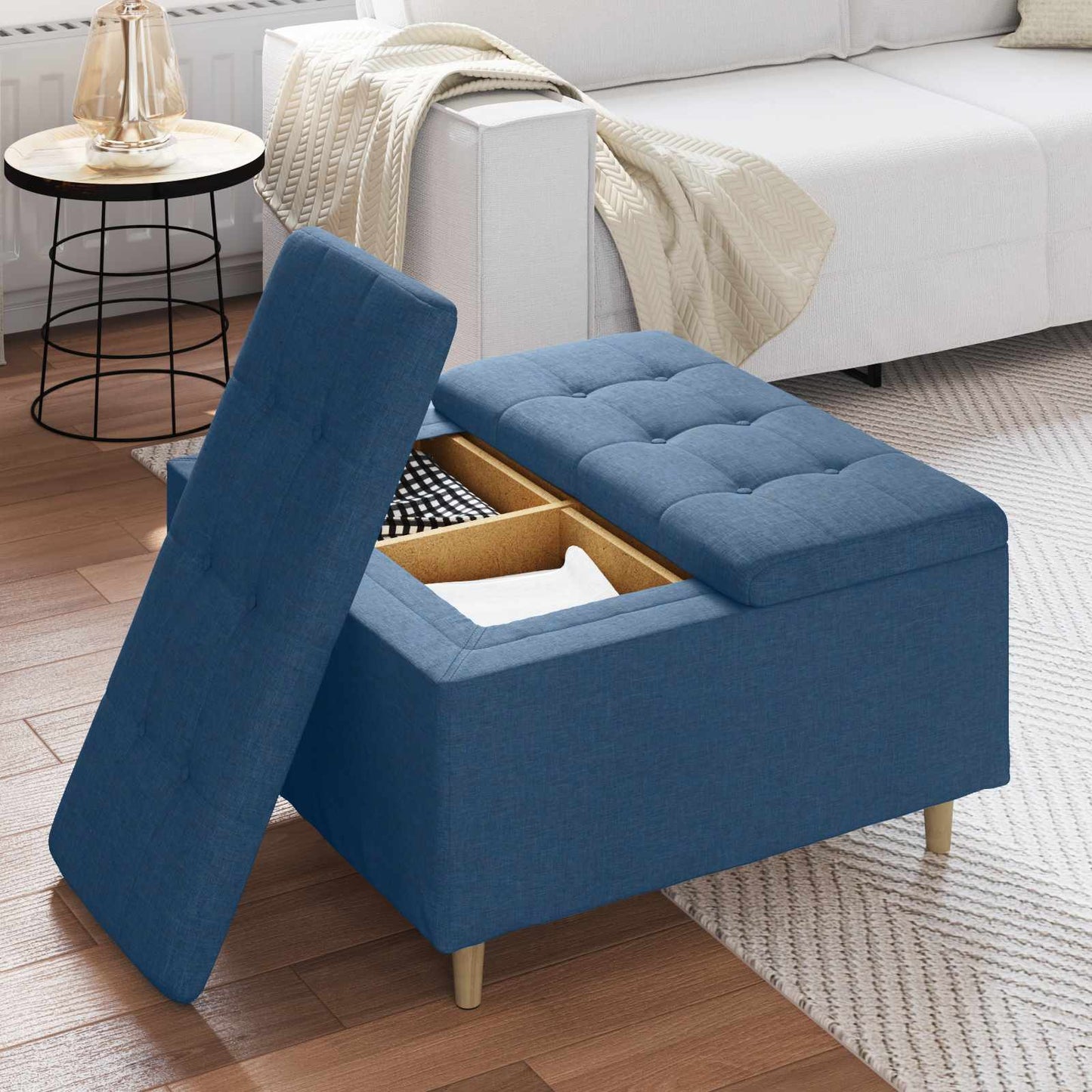 Úložný Taburet S Polštářem Modrá 80 X 80 X 45 Cm Textil