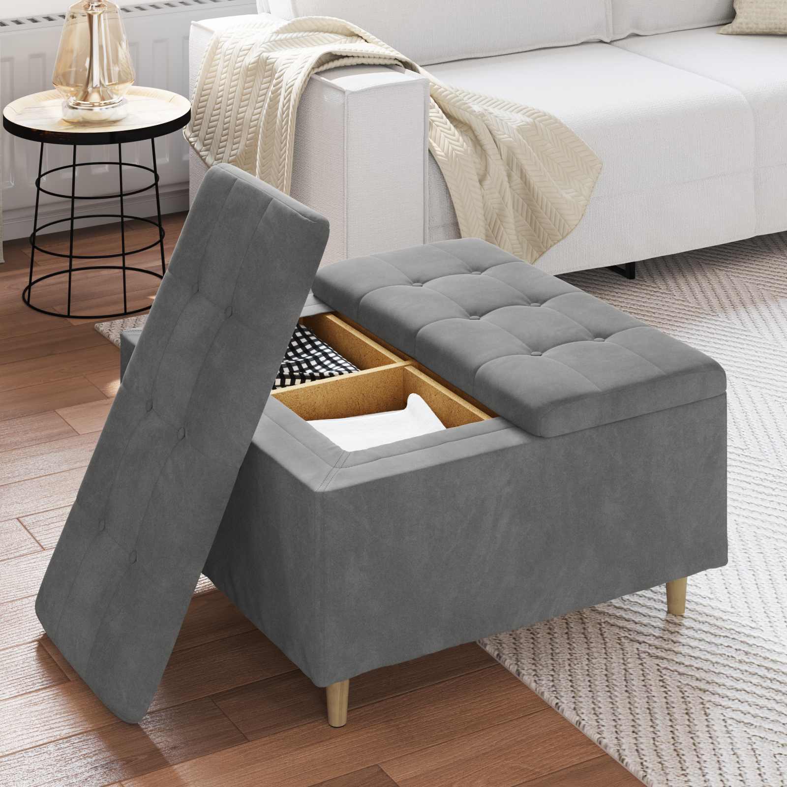 Úložný Taburet S Polštářem Tmavě Šedá 80 X 80 X 45 Cm Samet