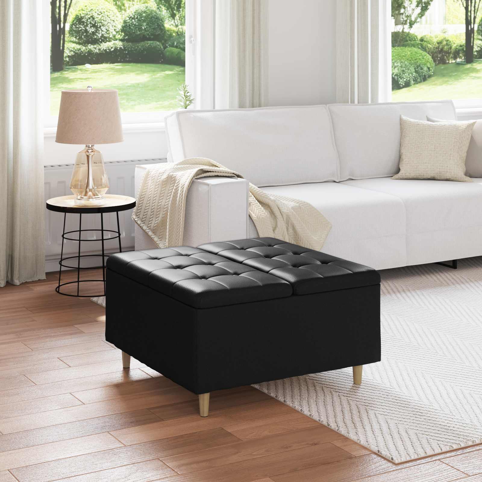 Úložný Taburet S Polštářem Černý 80 X 80 X 45 Cm Umělá Kůže