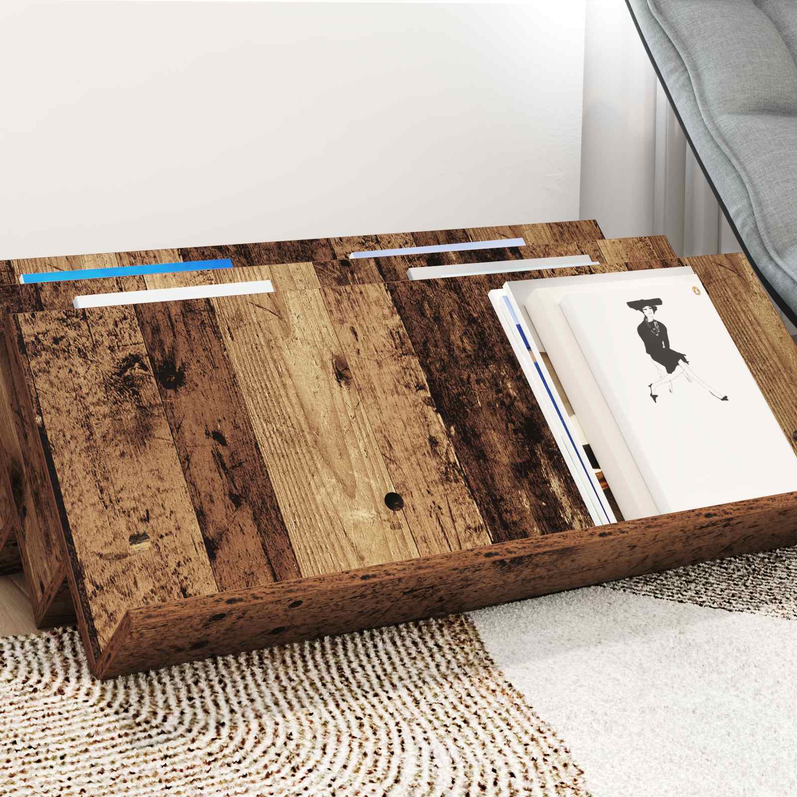 Regál Na Časopisy S Policí Staré Dřevo 90 X 53 X 28,5 Cm