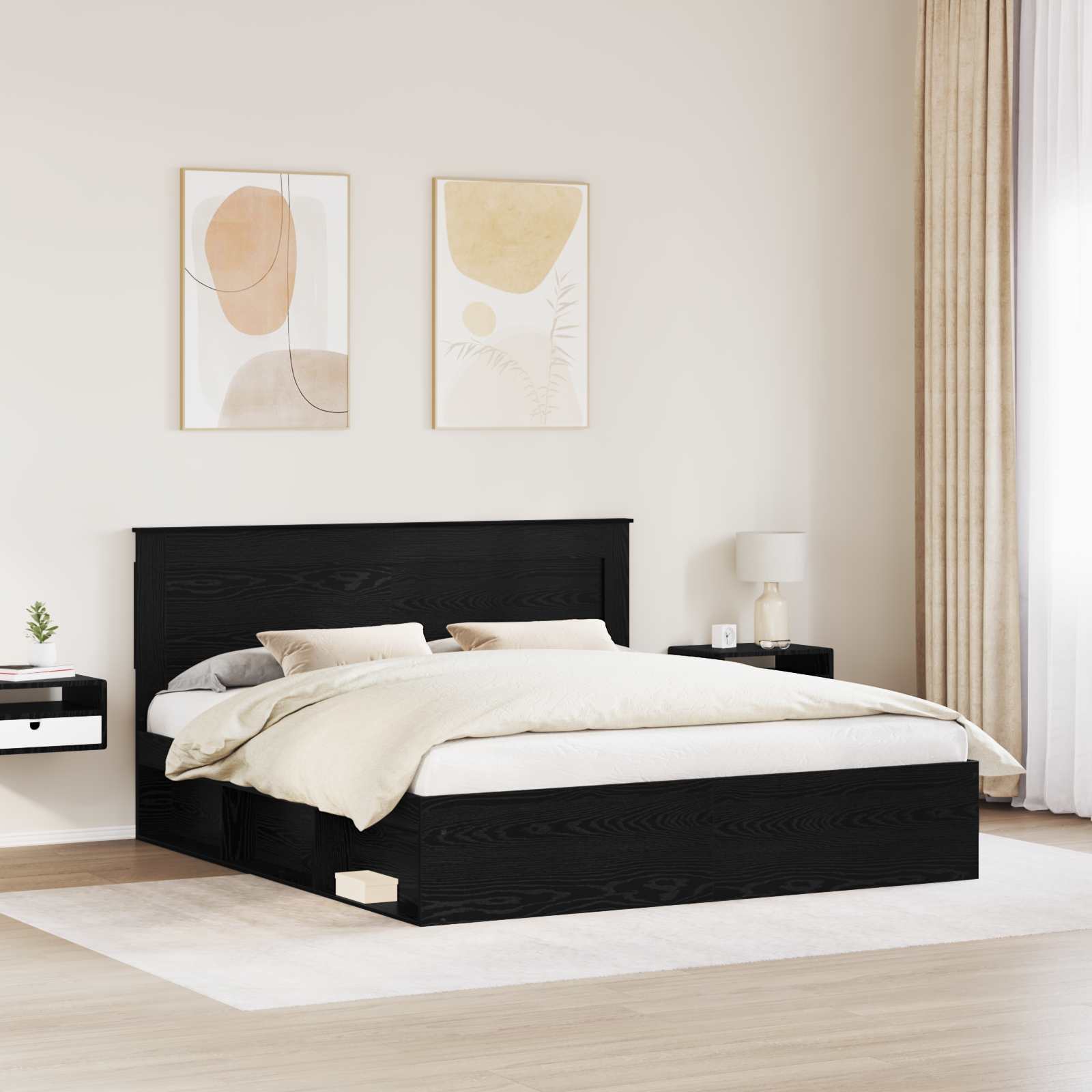 Rám Postele S Čelo Černá 200 X 200 Cm Masivní Borové Dřevo