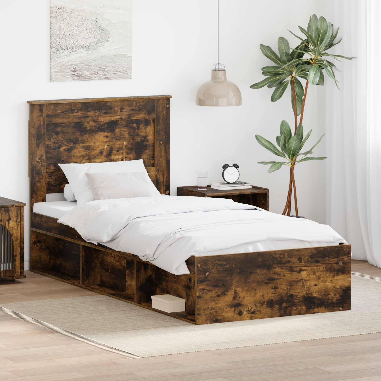 Rám Postele S Čelo Kouřový Dub 90 X 200 Cm Masivní Borové Dřevo
