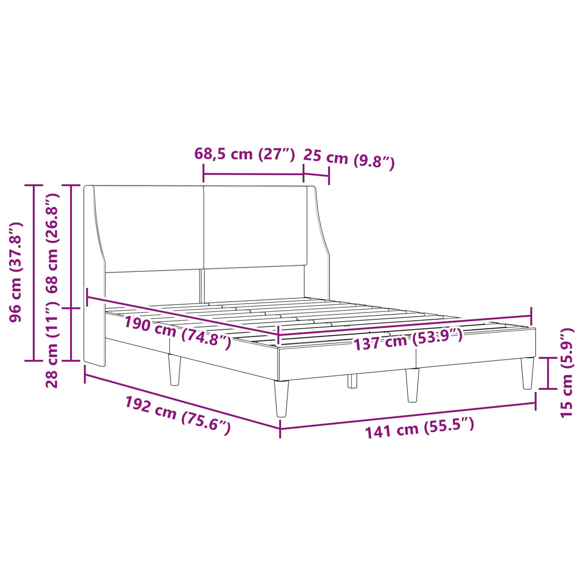 Rám Postele S Čelo Tmavě Šedá 137 X 190 Cm Textil