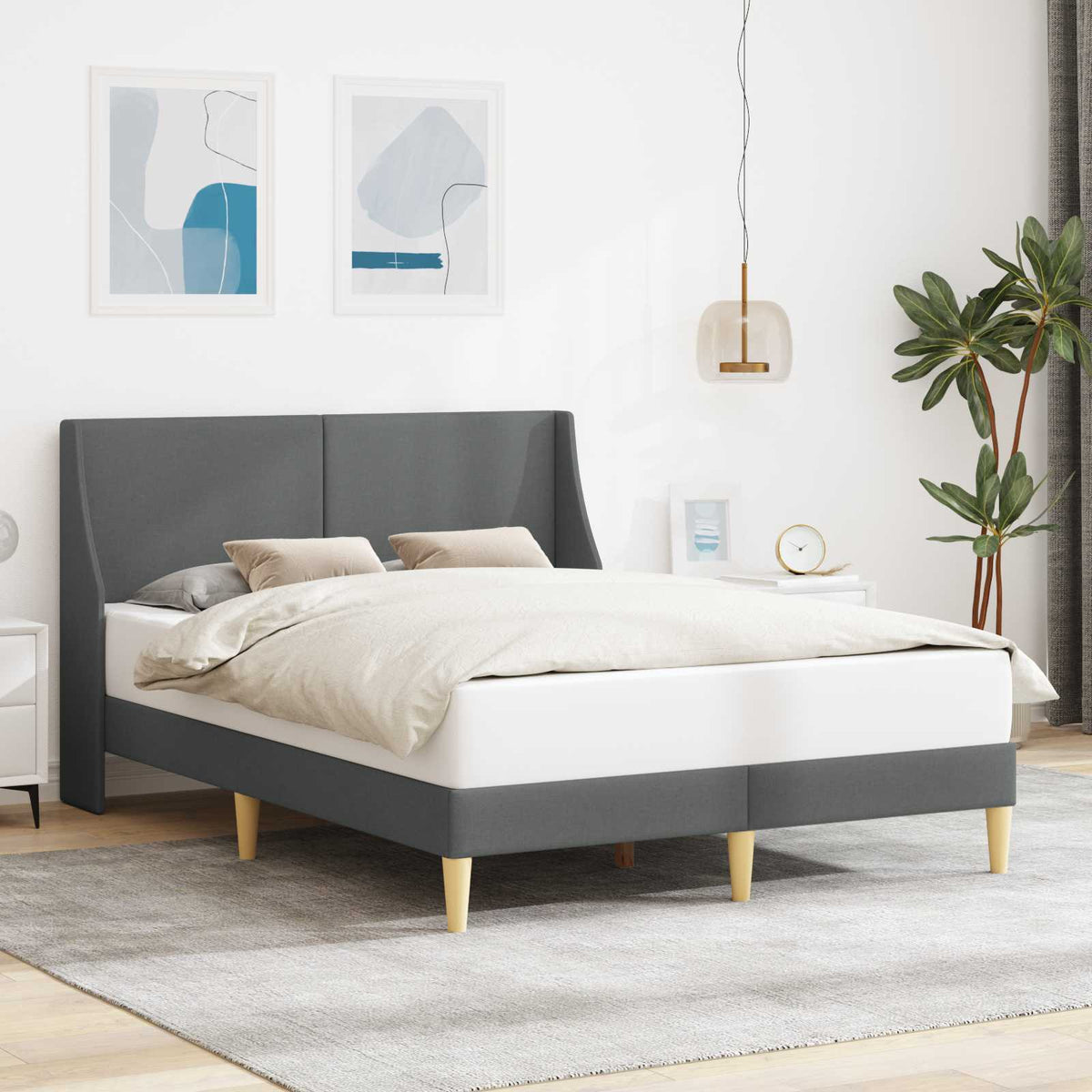 Rám Postele S Čelo Tmavě Šedá 137 X 190 Cm Textil