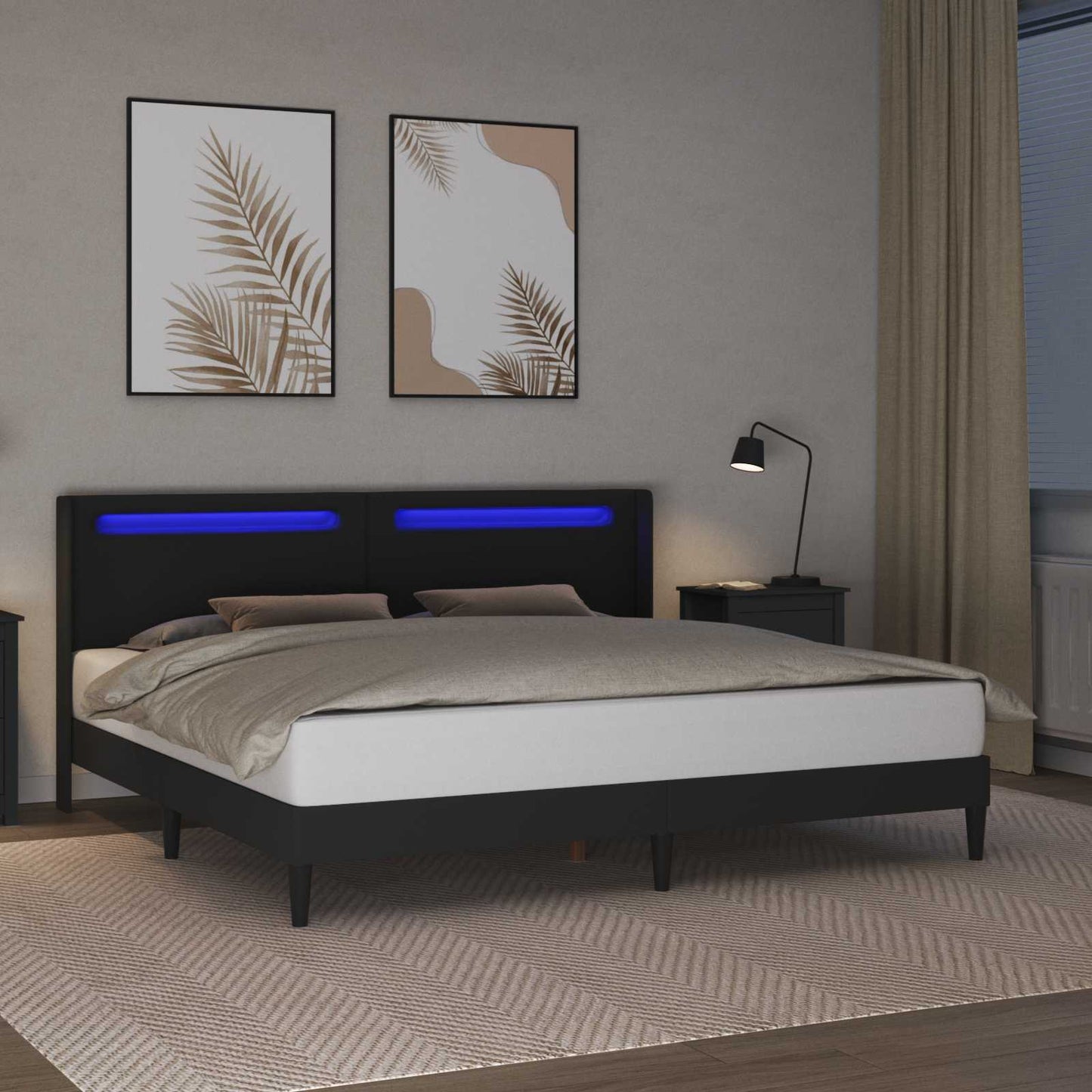 Rám Postele S Led Pásky S Čelo Černá 180 X 200 Cm Umělá Kůže