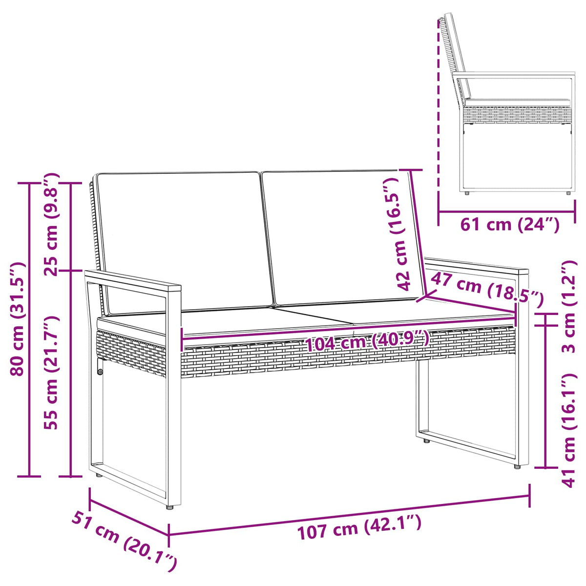 Venkovní Lavice 2 -Seater 107 X 61 X 80 Cm Polyratan