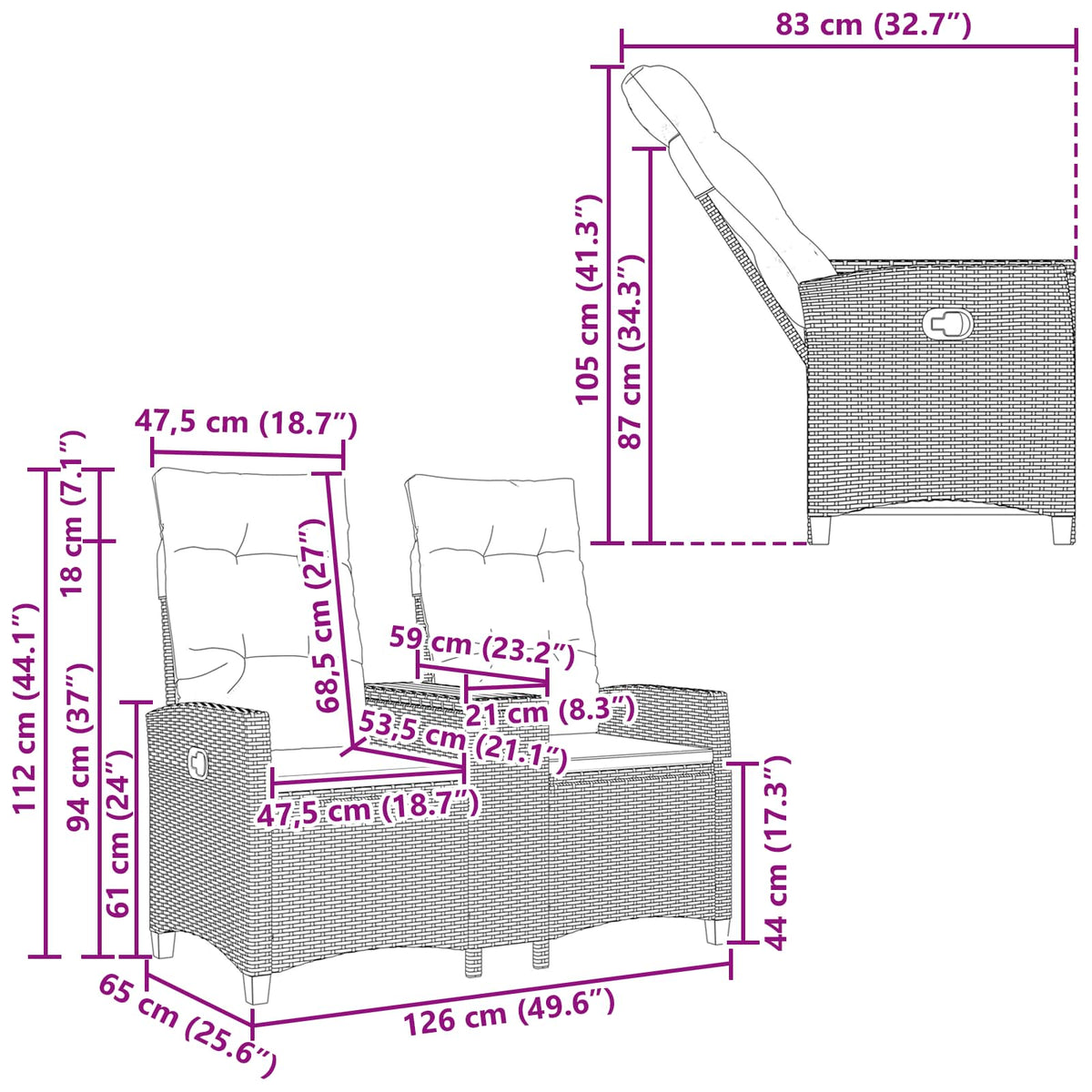 Skládací Lavice Se Stolem 2 -Seater 126 X 65 X 112 Cm Polyratan