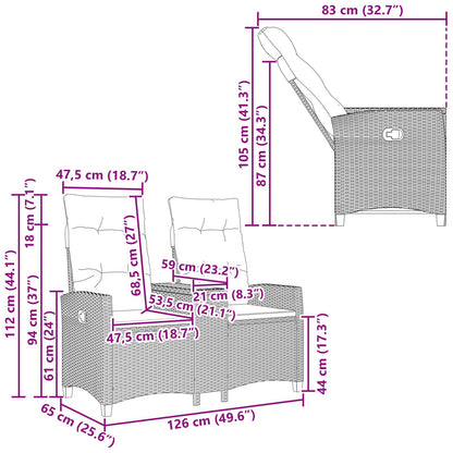 Skládací Lavice Se Stolem 2 -Seater 126 X 65 X 112 Cm Polyratan