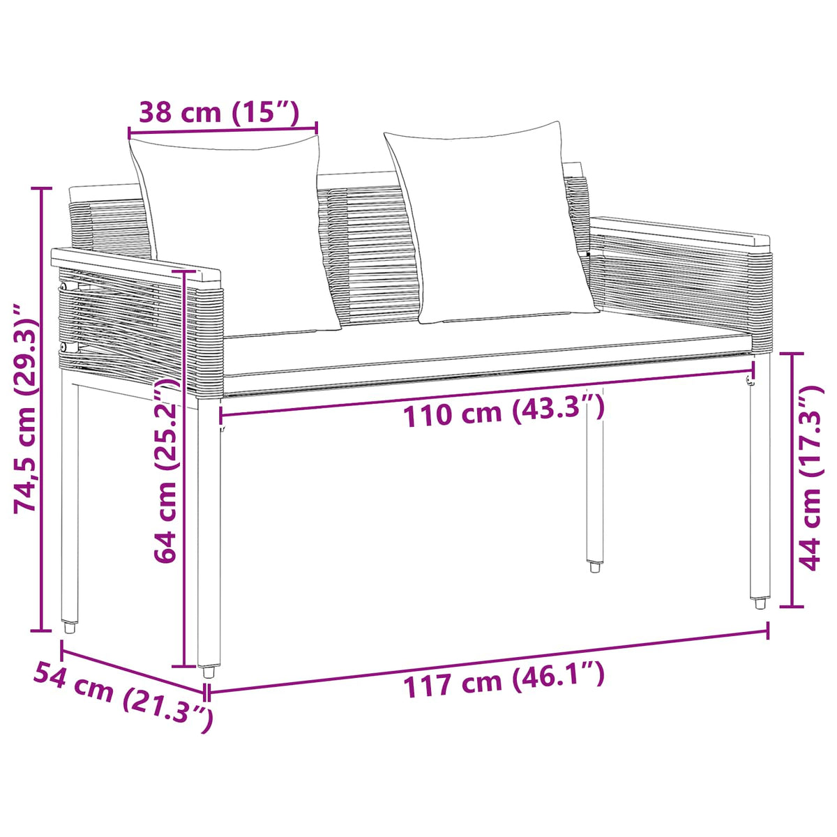 Venkovní Lavice 2 -Seater 117 X 54 X 74.5 Cm Polyratan