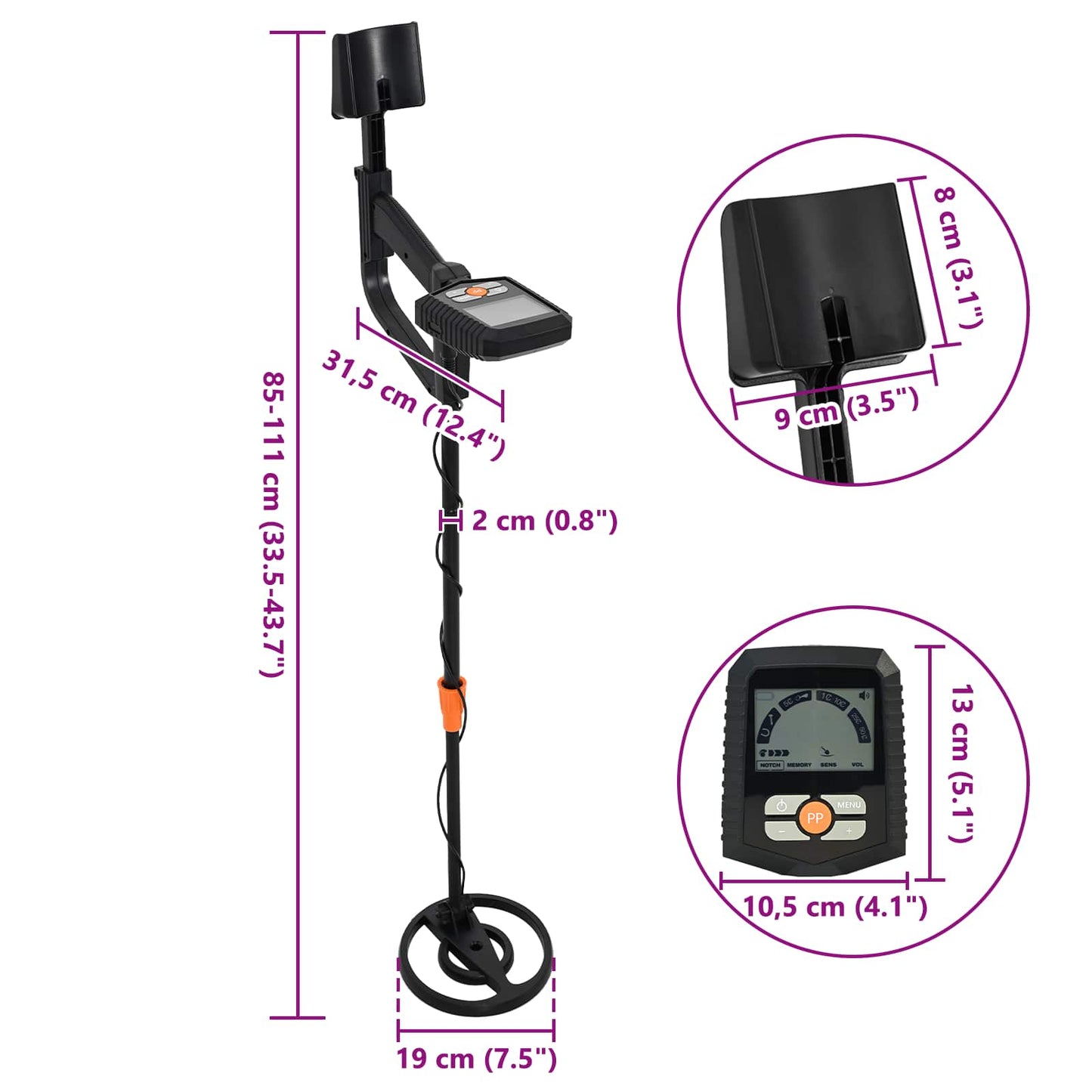 Detektor Kovů S Lcd Displejem, 3 Modely, Cívka 19 Cm Černý