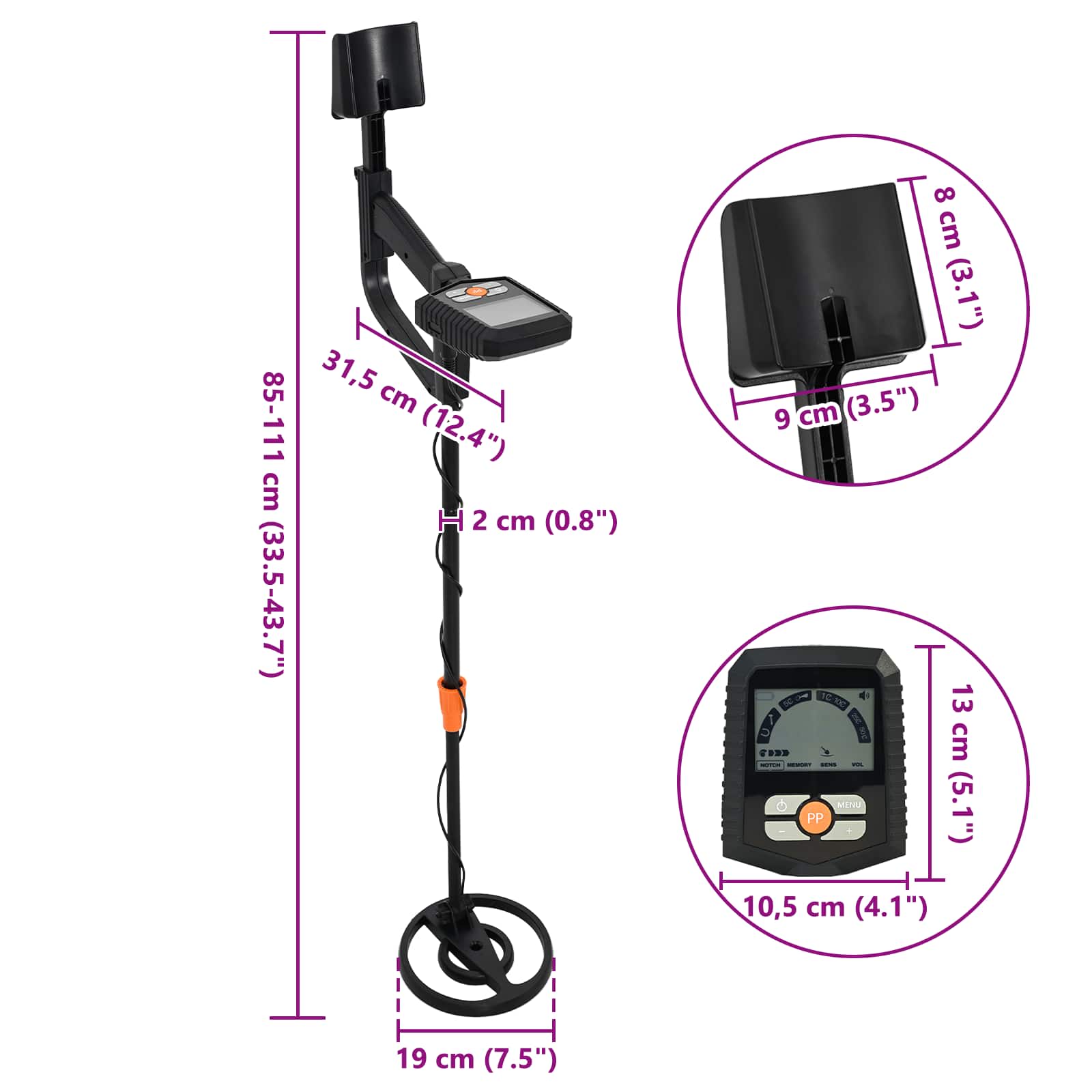 Detektor Kovů S Lcd Displejem, 3 Modely, Cívka 19 Cm Černý