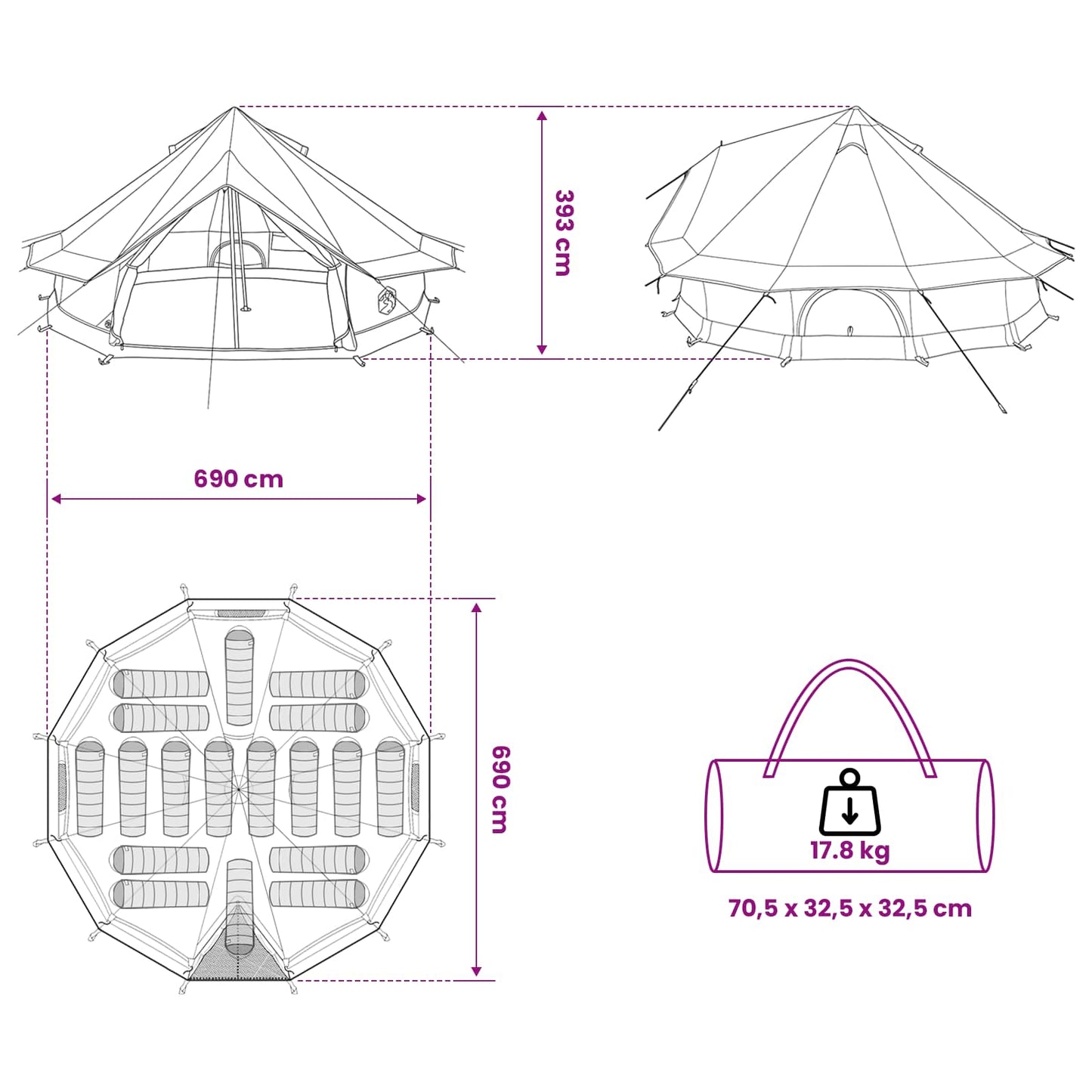 Tipi Stan Armádně Zelená 700 X 700 X 395 Cm Polyester A Ocel