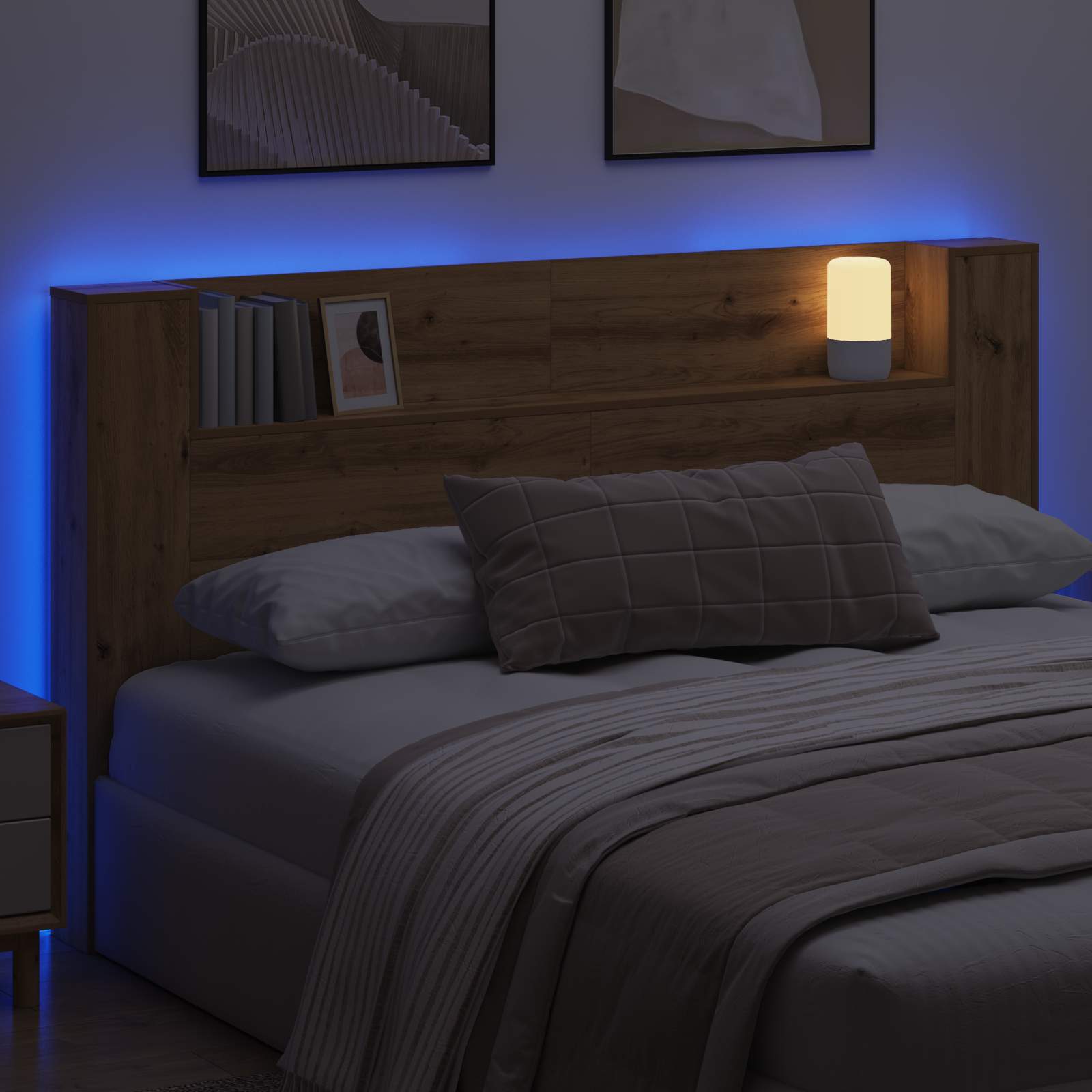Čelo Postele S Led Umělecký Dub Kompozitní Dřevo