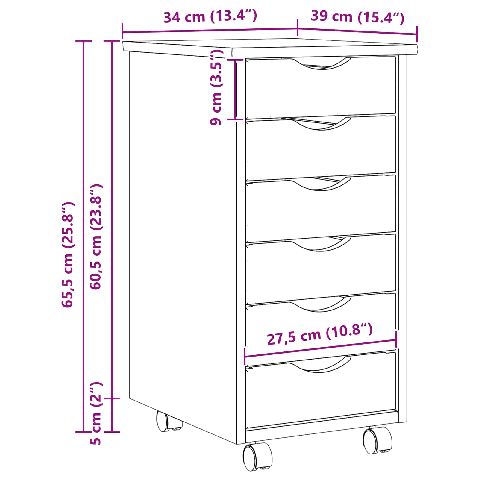 Vozík Se Zásuvkami S Kolem Moss Čistý Lak 34 X 39 X 65,5 Cm