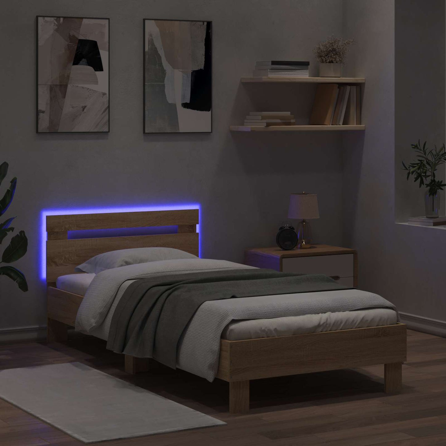 Rám Postele S Led Pásky S Čelo Dub Sonoma Kompozitní Dřevo