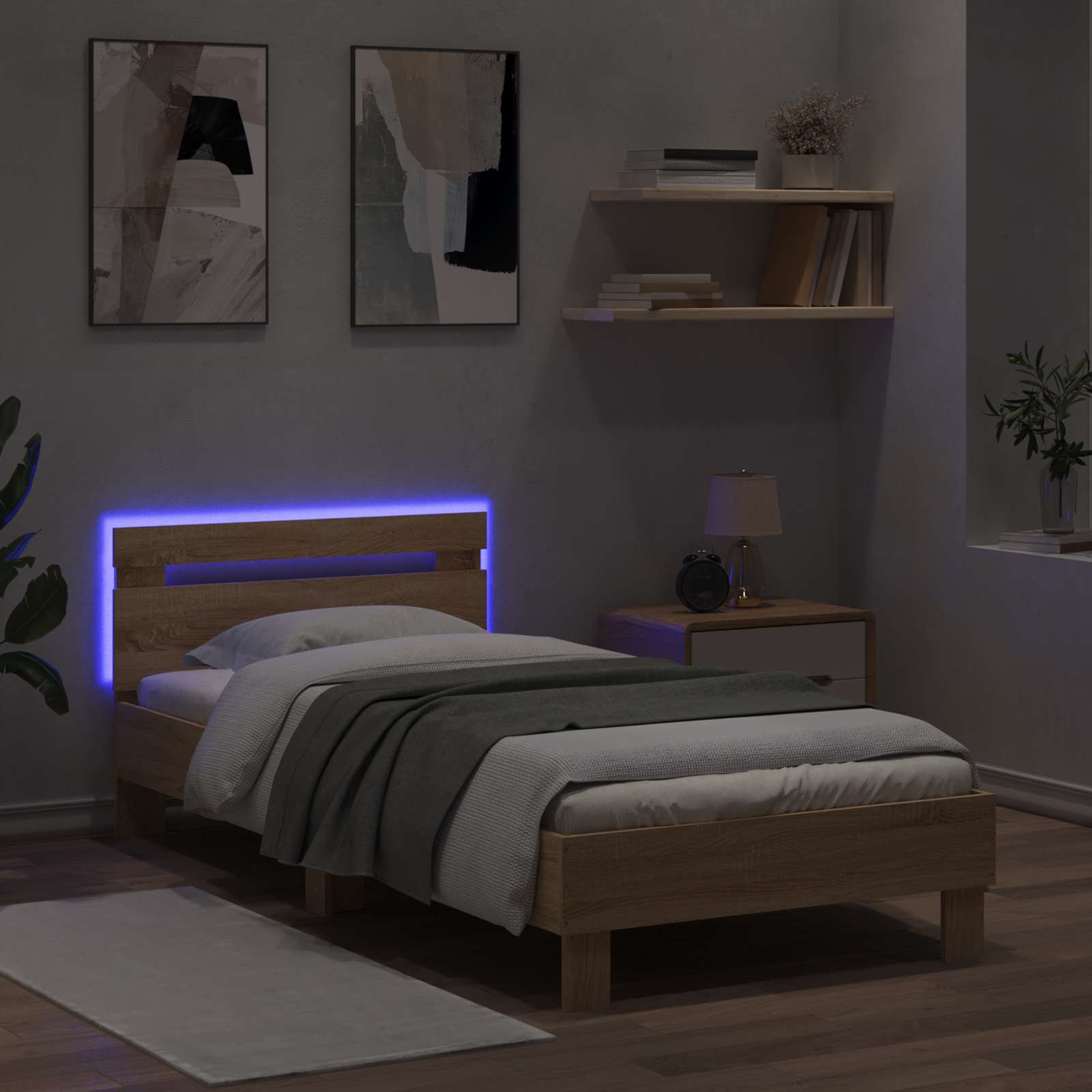 Rám Postele S Led Pásky S Čelo Dub Sonoma Kompozitní Dřevo